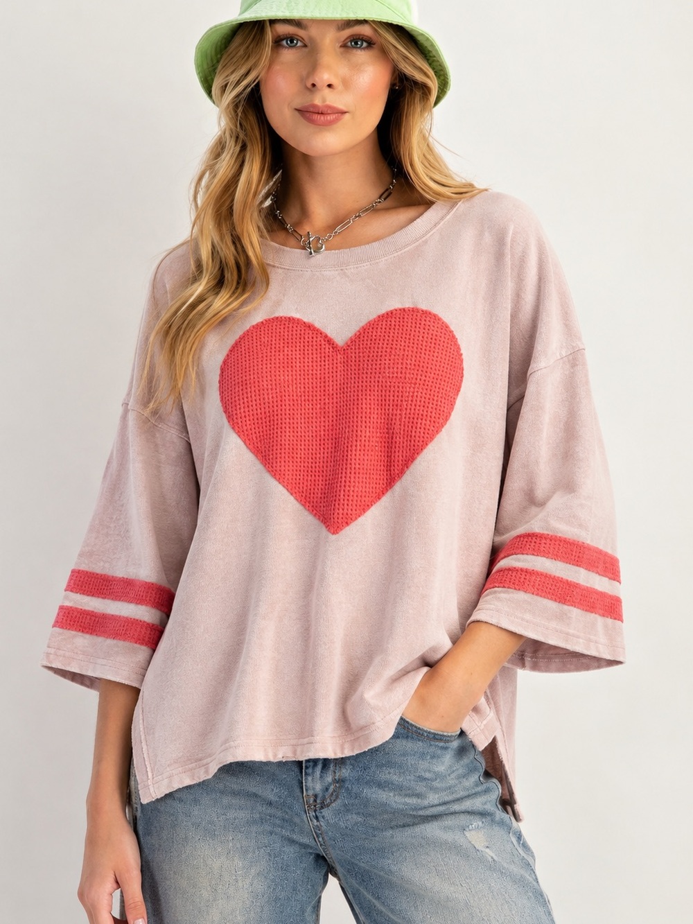 Easel Pink Heart Sweater Top Waffle Boho Athletic Stripe Oversized Large NWT